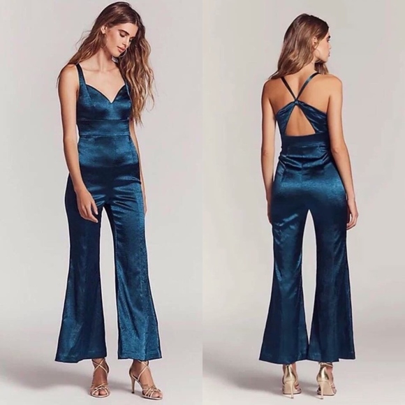 Free People Pants - Free People Satin Jumpsuit Open Back X Cross Flare